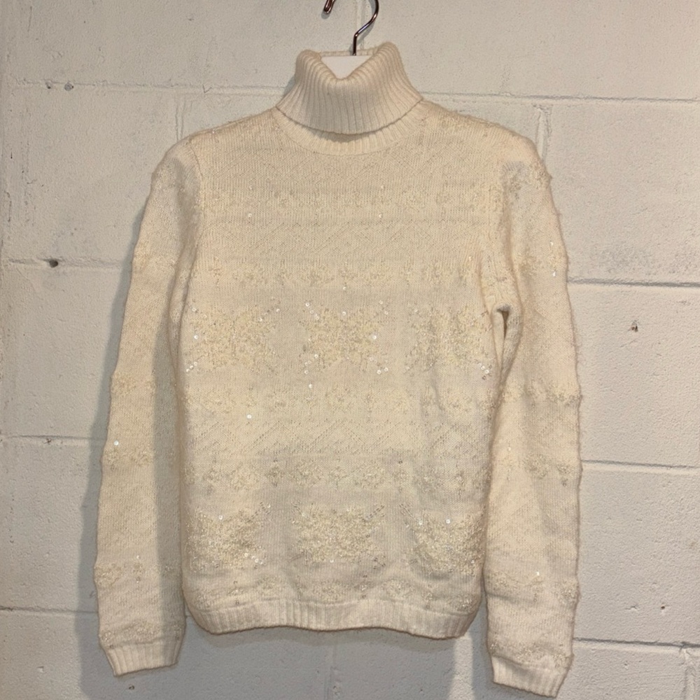 Talbots Ivory Sequin Turtleneck Sweater Wool Cash… - image 1